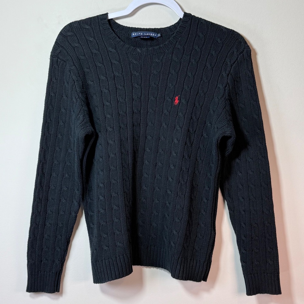 Ralph Lauren Cable Knit Sweater Women's Unisex M Black Crew Neck Cotton - Picture 1 of 7